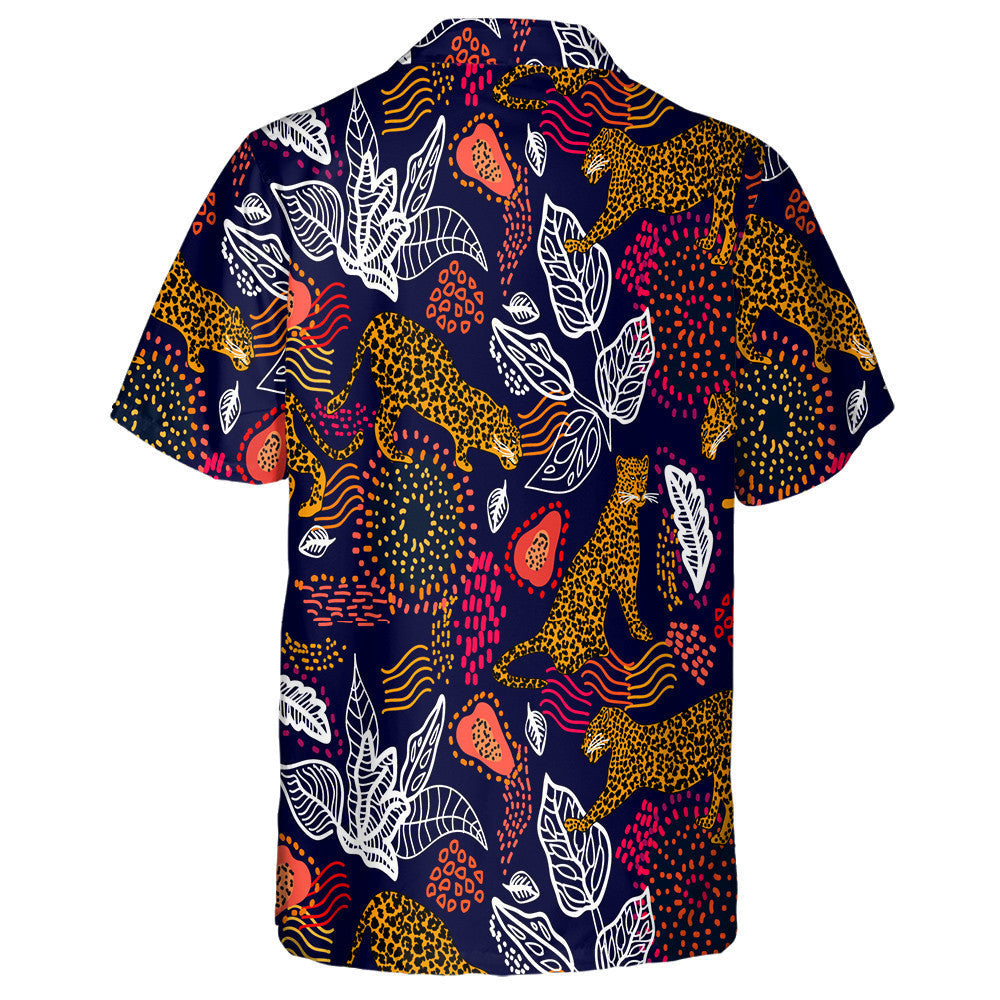 Leopards And Abstract Tropical Plants On Black Background Hawaiian Shirt, Hawaiian Shirt Gift, Christmas Gift