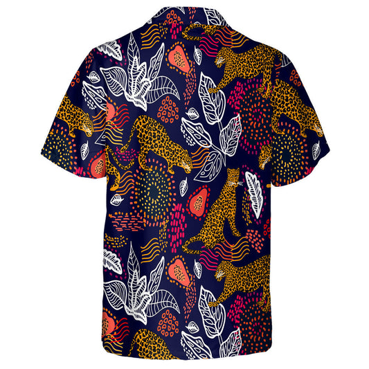 Leopards And Abstract Tropical Plants On Black Background Hawaiian Shirt, Hawaiian Shirt Gift, Christmas Gift