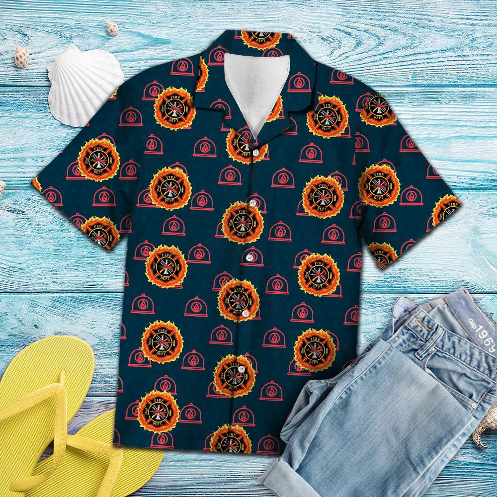 Firefighter Helmet And Logo In Deep Blue Hawaiian Shirt, Hawaiian Shirt Gift, Christmas Gift