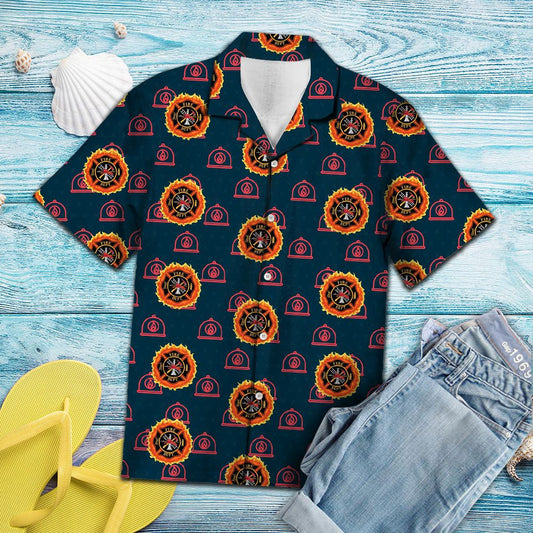 Firefighter Helmet And Logo In Deep Blue Hawaiian Shirt, Hawaiian Shirt Gift, Christmas Gift