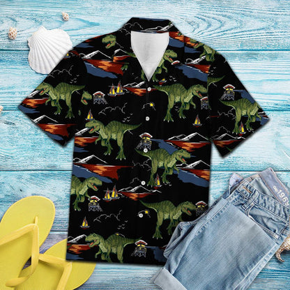 Dino T-rex On Vacation Black Background Pattern Hawaiian Shirt, Hawaiian Shirt Gift, Christmas Gift