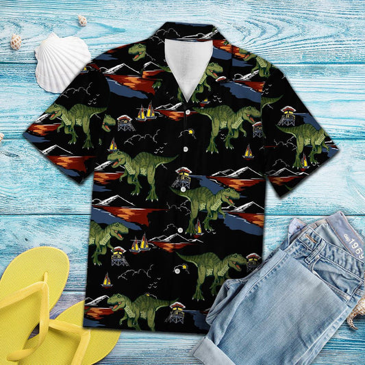 Dino T-rex On Vacation Black Background Pattern Hawaiian Shirt, Hawaiian Shirt Gift, Christmas Gift