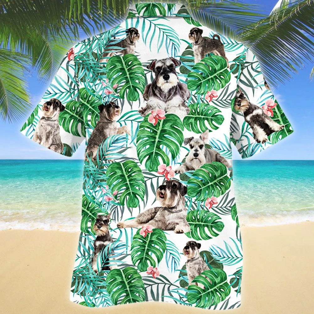 Miniature Schnauzer Dog Tropical Plant Montera Leaves Pattern Hawaiian Shirt, Hawaiian Shirt Gift, Christmas Gift