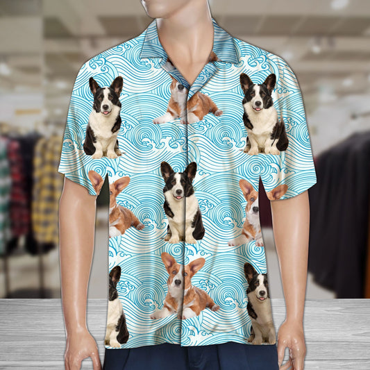 Cute Tricolor Cardigan Welsh Corgi Blue Waves Pattern Hawaiian Shirt, Hawaiian Shirt Gift, Christmas Gift
