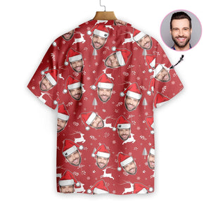 Red Theme White Deers And Snowflakes Custom Photo Hawaiian Shirt, Hawaiian Shirt Gift, Christmas Gift