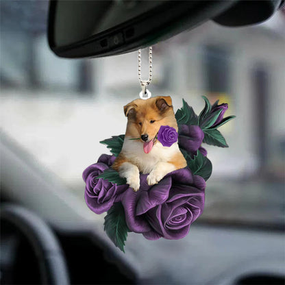 Rough Collie In Purple Rose Car Hanging Ornament, Christmas Decoration