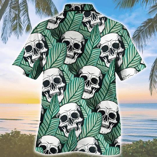 Tropical Skull And Green Leaf Seamless Pattern Hawaiian Shirt, Hawaiian Shirt Gift, Christmas Gift