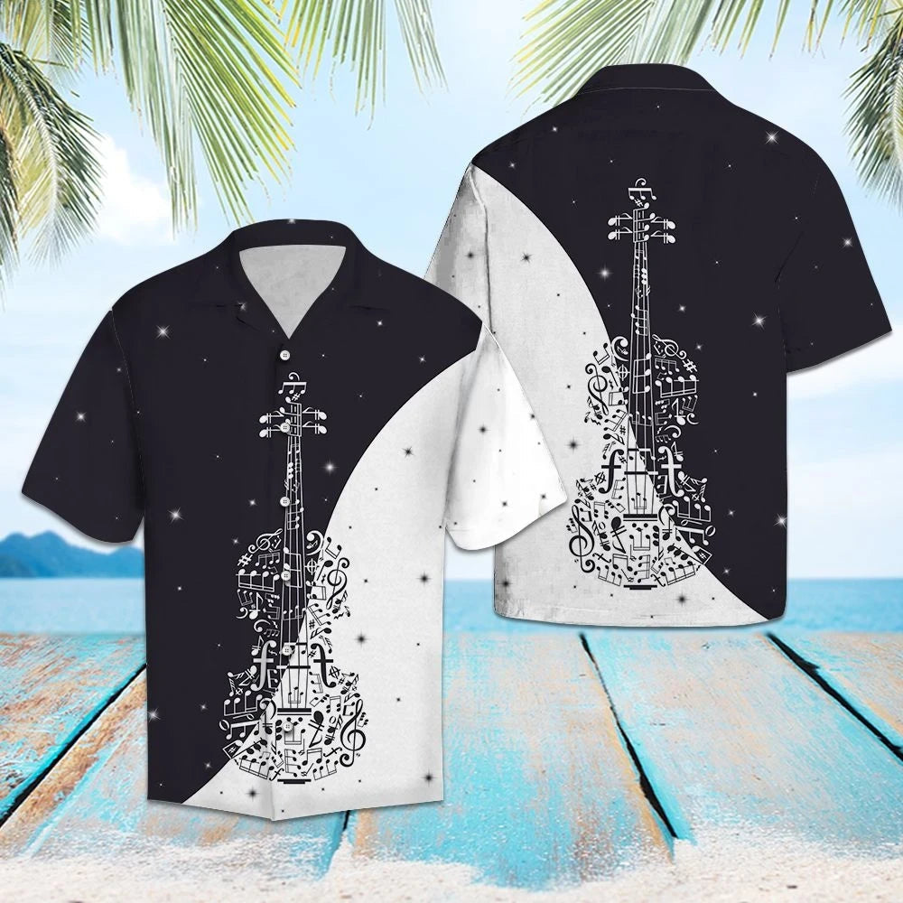 Hawaiian Shirt Musical Notes Violin Shape Black And White Theme, Hawaiian Shirt Gift, Christmas Gift