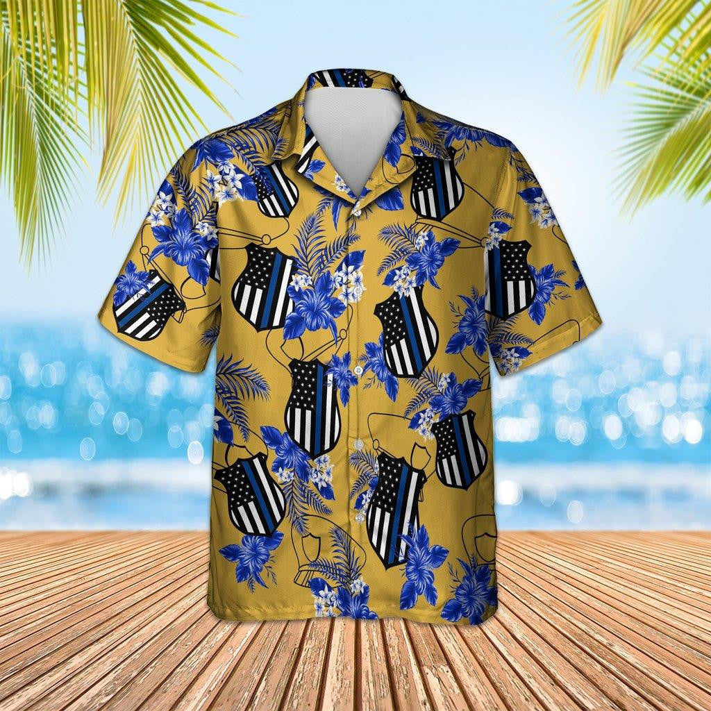 Thin Blue Line US Emblem With Flowers Pattern Hawaiian Shirt, Hawaiian Shirt Gift, Christmas Gift