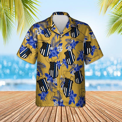 Thin Blue Line US Emblem With Flowers Pattern Hawaiian Shirt, Hawaiian Shirt Gift, Christmas Gift