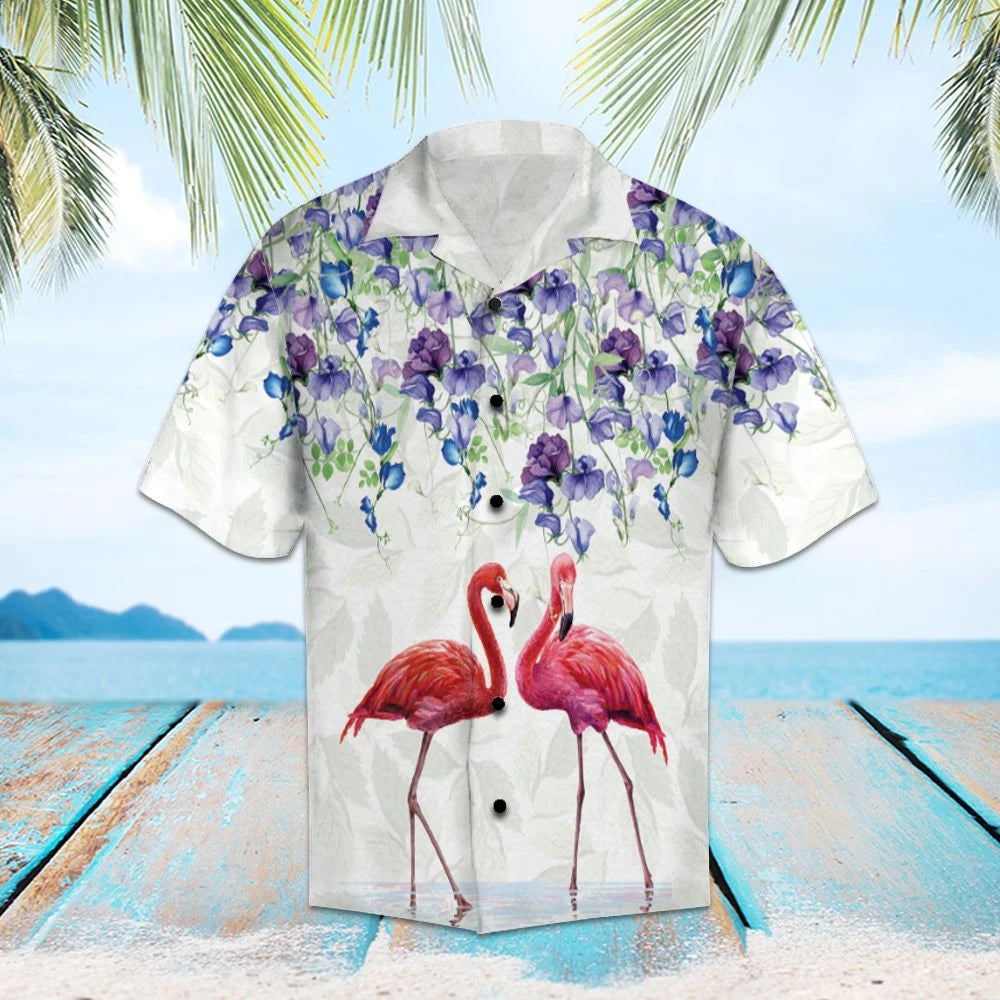 Flamingo Couple Love Flower Garden Pattern Hawaiian Shirt, Hawaiian Shirt Gift, Christmas Gift