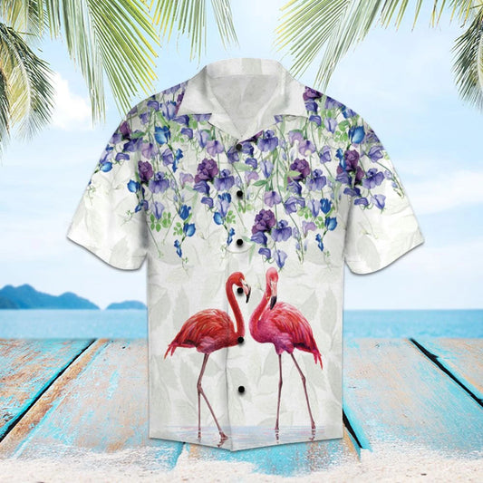 Flamingo Couple Love Flower Garden Pattern Hawaiian Shirt, Hawaiian Shirt Gift, Christmas Gift