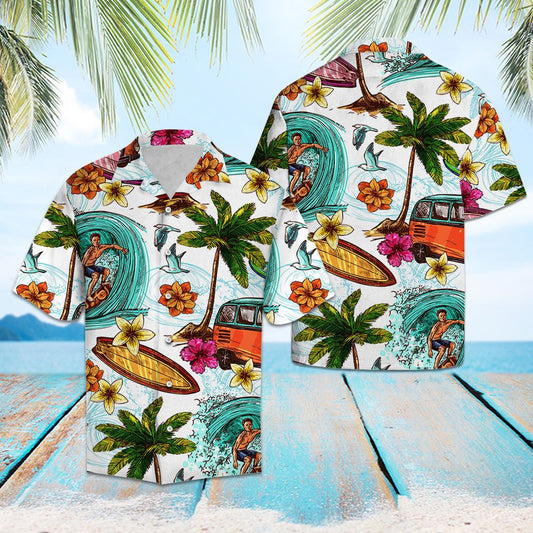 Surfing Beach Palm Trees And Plumeria Design Hawaiian Shirt, Hawaiian Shirt Gift, Christmas Gift