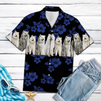 Cute Samoyed Dogs With Blue Hibiscus In Black Hawaiian Shirt, Hawaiian Shirt Gift, Christmas Gift