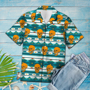 Yellow Skull Teal Aztec Arrow Hawaiian Shirt, Hwaiian For Gift