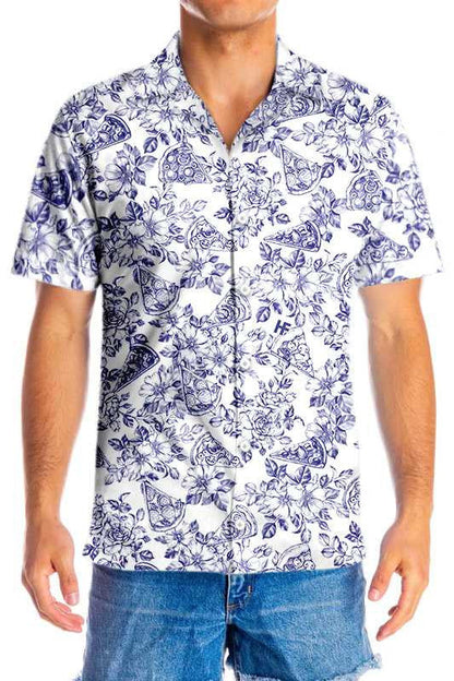 Excellent Blue Floral Pizza Design Hawaiian Shirt,Hawaiian Shirt Gift, Christmas Gift