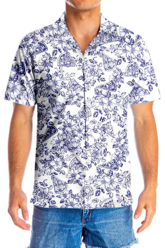 Excellent Blue Floral Pizza Design Hawaiian Shirt,Hawaiian Shirt Gift, Christmas Gift