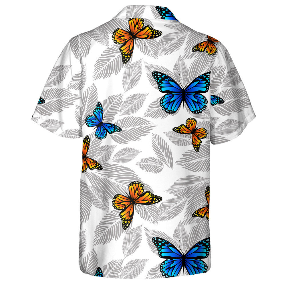 Graphic Grey Leaves Monochrome With Butterflies Hawaiian Shirt,Hawaiian Shirt Gift, Christmas Gift