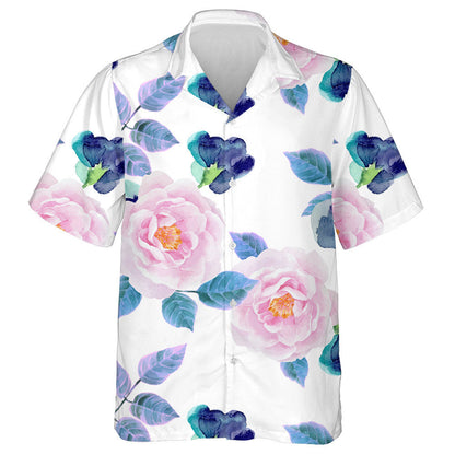 Watercolor Pattern Of Roses Violets On White Background Hawaiian Shirt, Hawaiian Shirt Gift, Christmas Gift