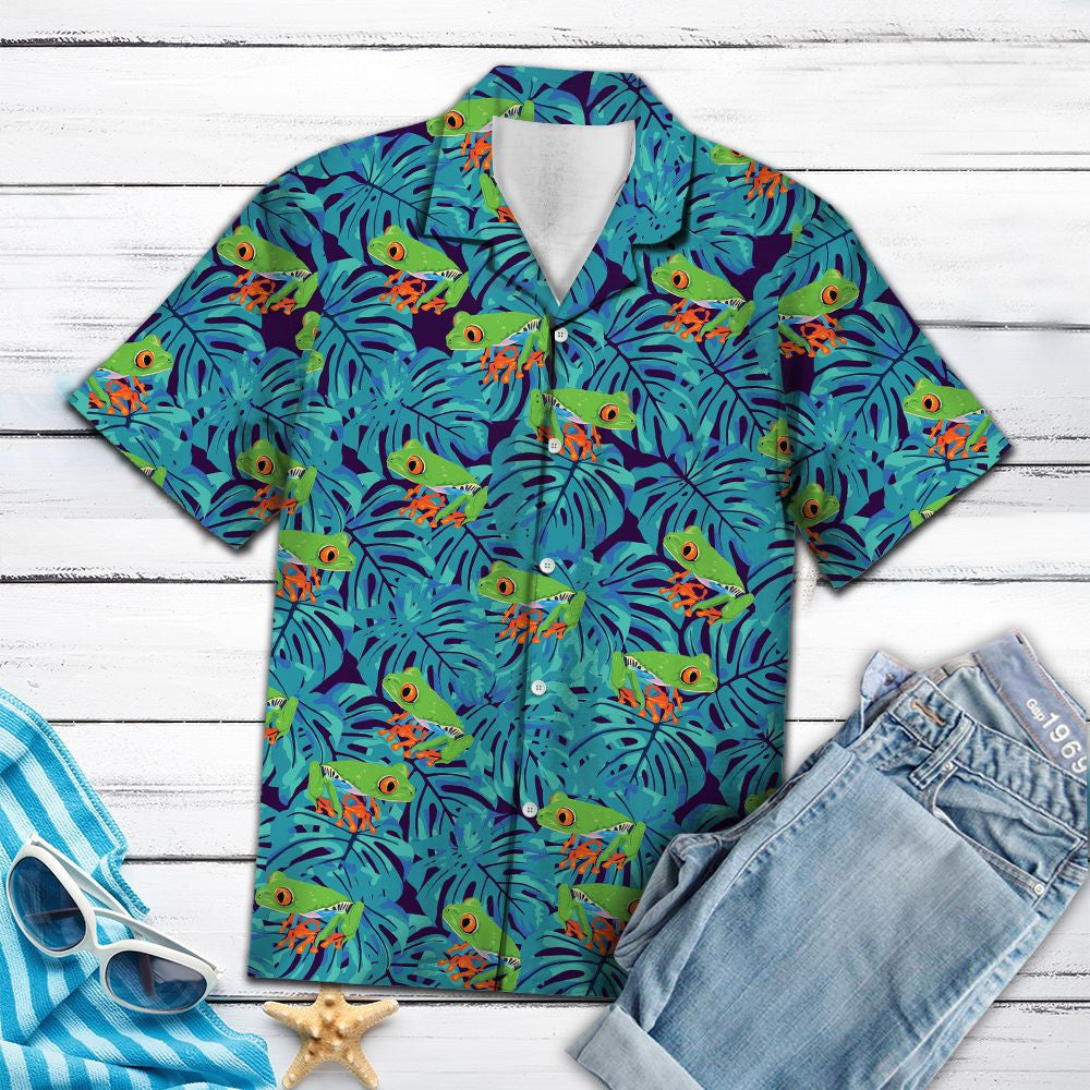 Green Frog Tropical Palm Leaves Summer Vacation Themed Hawaiian Shirt, Hawaiian Shirt Gift, Christmas Gift