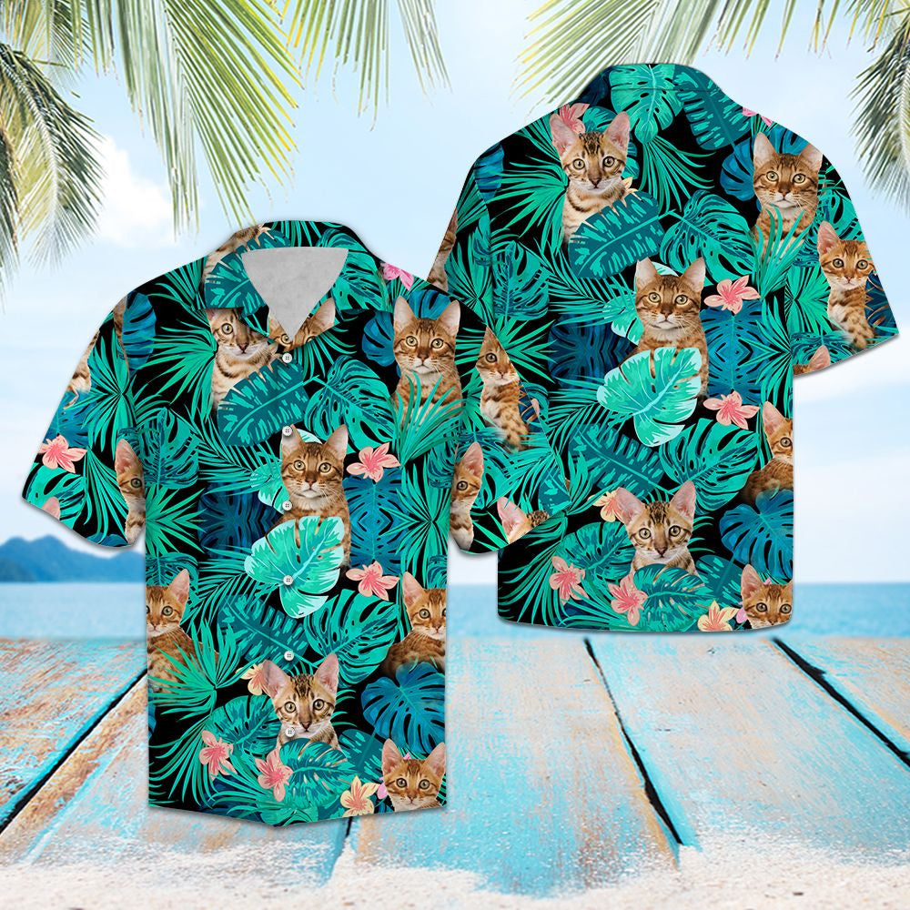 Bengal Cat With Tropical Leaves And Flowers Hawaiian Shirt, Hawaiian Shirt Gift, Christmas Gift