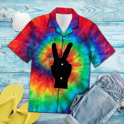 Black Peace Hand Signs Tie Dye Swirl Themed Hawaiian Shirt, Hawaiian Shirt Gift, Christmas Gift