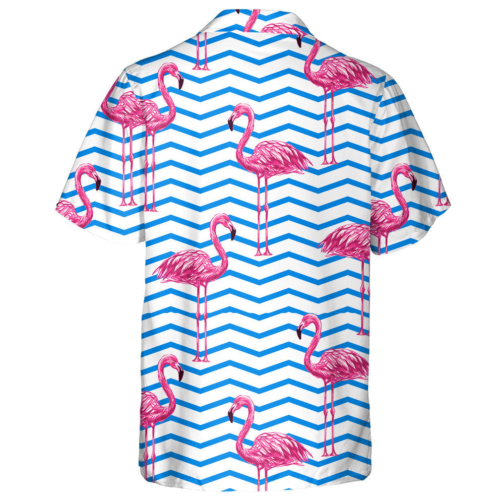 Beautifiul Flamingo Tropical On Blue Zigzag Background Hawaiian Shirt, Hawaiian Shirt Gift, Christmas Gift