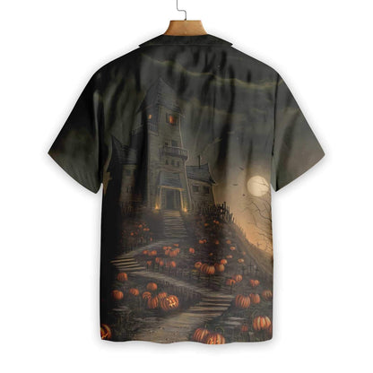 Halloween Haunted House On The Hill With Pumpkin Dramatic Hawaiian Shirt, Hawaiian Shirt Gift, Christmas Gift