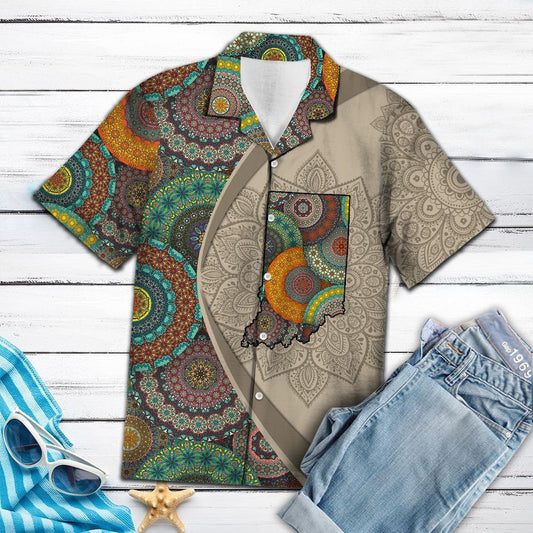Indiana Map With Mandala Flowers Hawaiian Shirt, Hawaiian For Gift