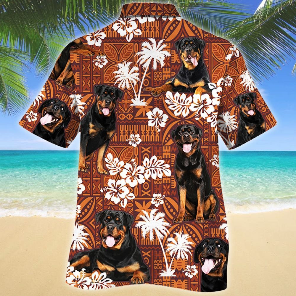 Rottweiler Dog And Hibiscus On Brown Tribal Pattern Hawaiian Shirt, Hawaiian Shirt Gift, Christmas Gift