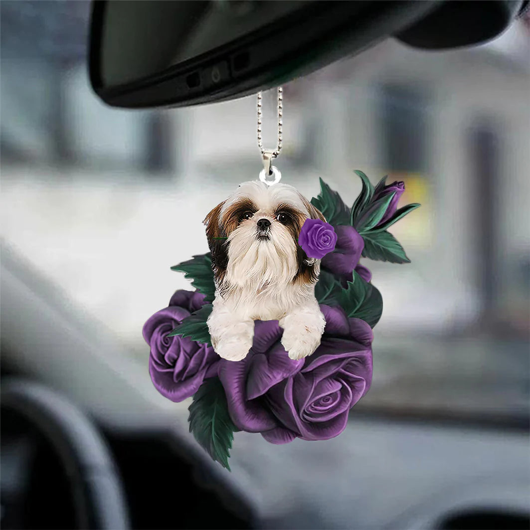 Shih Tzu In Purple Rose Car Hanging Ornament, Car Ornament For Pet Lover, Christmas Decoration