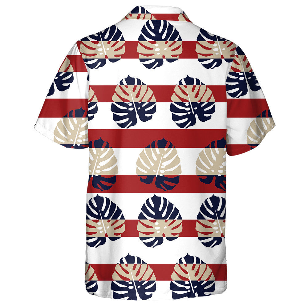 Tropical Monstera Leaf Pattern On Red Stripe Background Hawaiian Shirt, Hawaiian Shirt Gift, Christmas Gift