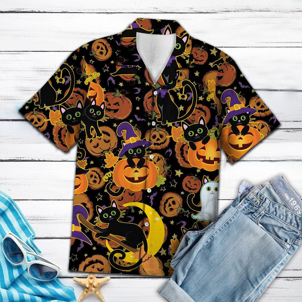 Cute Witch Black Cat Halloween Pumpkin Pattern Hawaiian Shirt, Hawaiian Shirt Gift, Christmas Gift