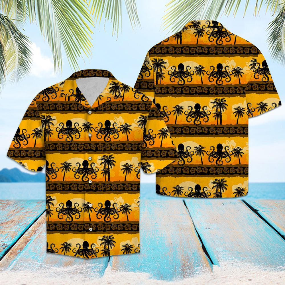Vintage Black Octopus Tropical Frangipani Pattern Hawaiian Shirt,Hawaiian Shirt Gift, Christmas Gift