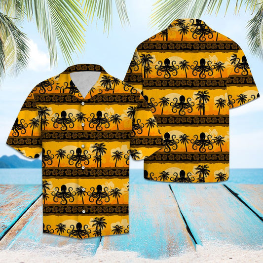 Vintage Black Octopus Tropical Frangipani Pattern Hawaiian Shirt,Hawaiian Shirt Gift, Christmas Gift