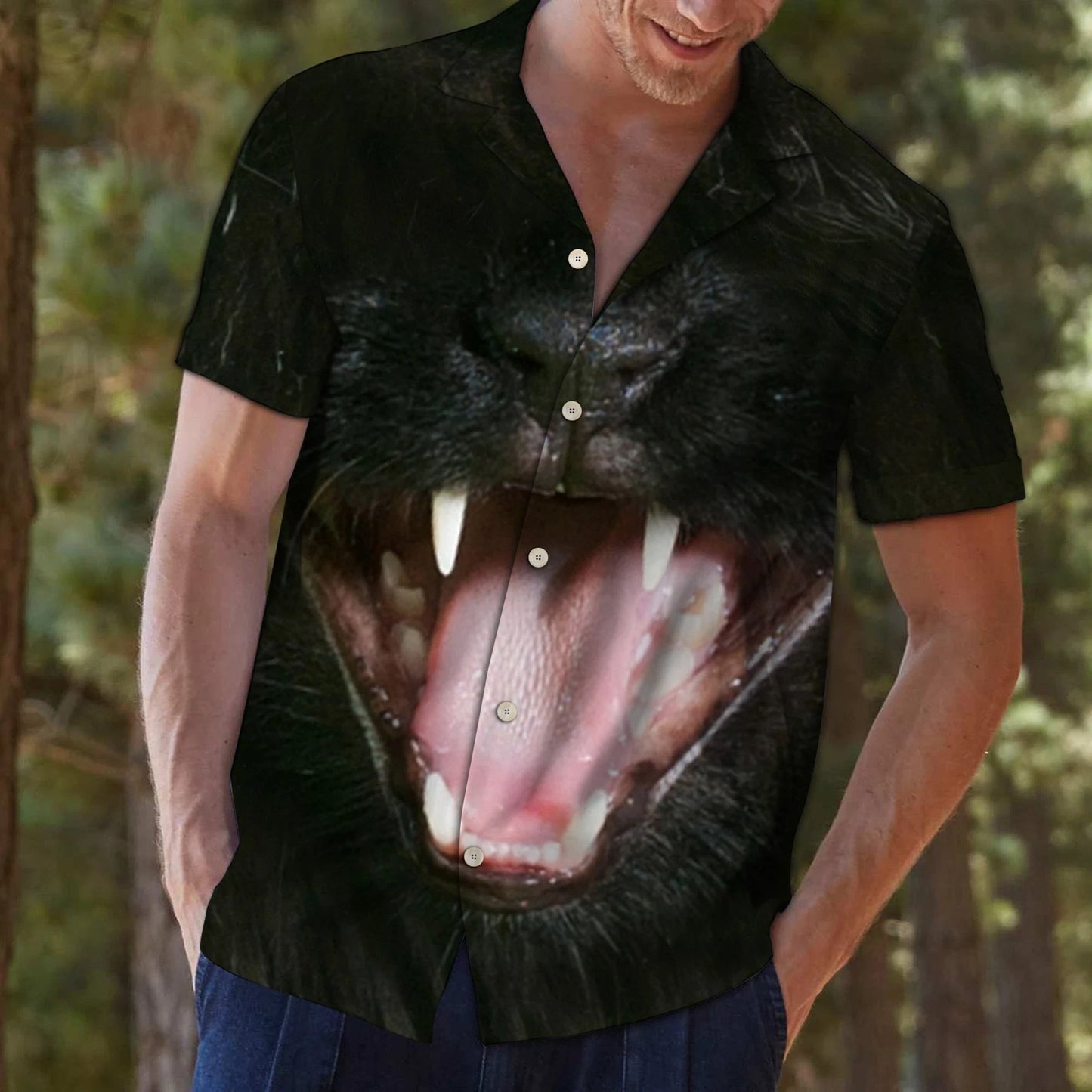 Funny Black Cat Open Mouth Dark Pattern Hawaiian Shirt Hawaiian Shirt Gift, Christmas Gift