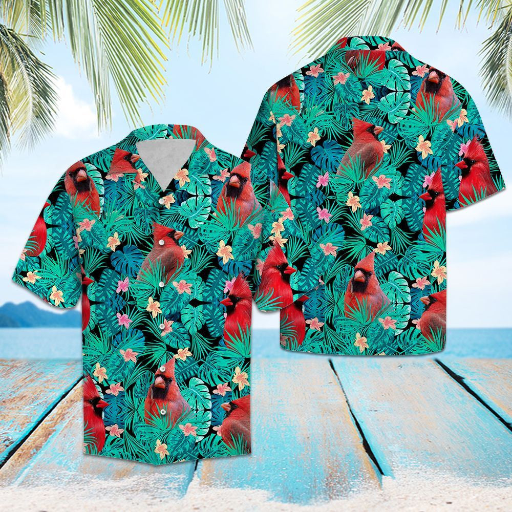Cardinal Bird Perched On Branch With Plumeria Hawaiian Shirt, Hawaiian Shirt Gift, Christmas Gift