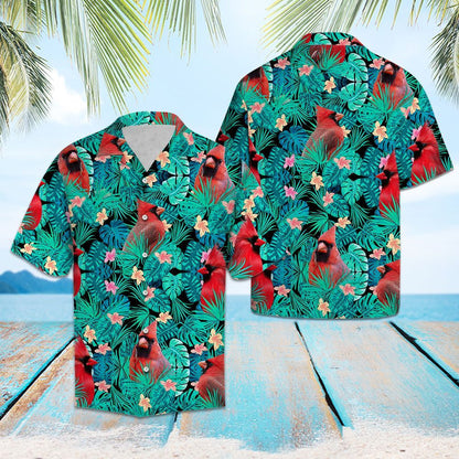 Cardinal Bird Perched On Branch With Plumeria Hawaiian Shirt, Hawaiian Shirt Gift, Christmas Gift