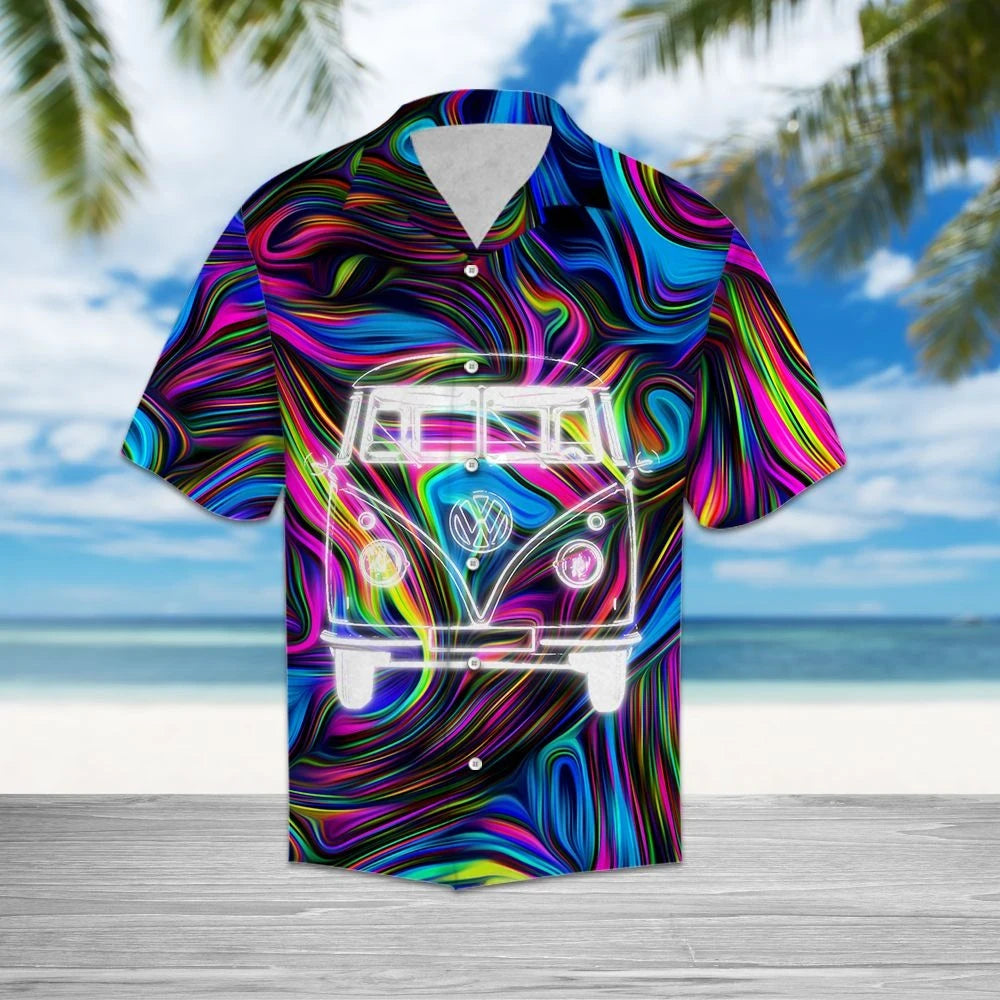 Watercolor Hippie Bus On Tie Dye Pattern Hawaiian Shirt, Hawaiian Shirt Gift, Christmas Gift