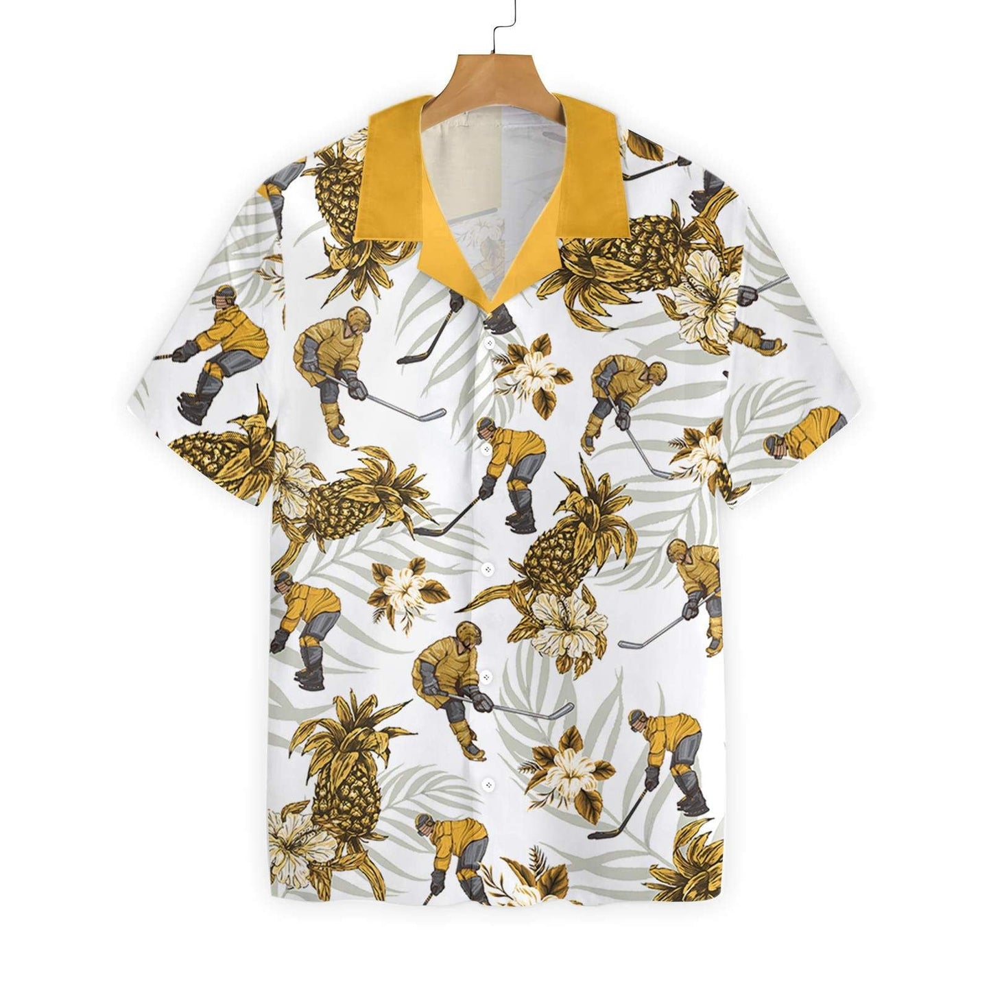 Hockey Pineapple Seamless Pattern White Theme Custom Name Hawaiian Shirt, Hawaiian Shirt Gift, Christmas Gift