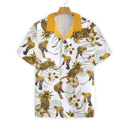 Hockey Pineapple Seamless Pattern White Theme Custom Name Hawaiian Shirt, Hawaiian Shirt Gift, Christmas Gift