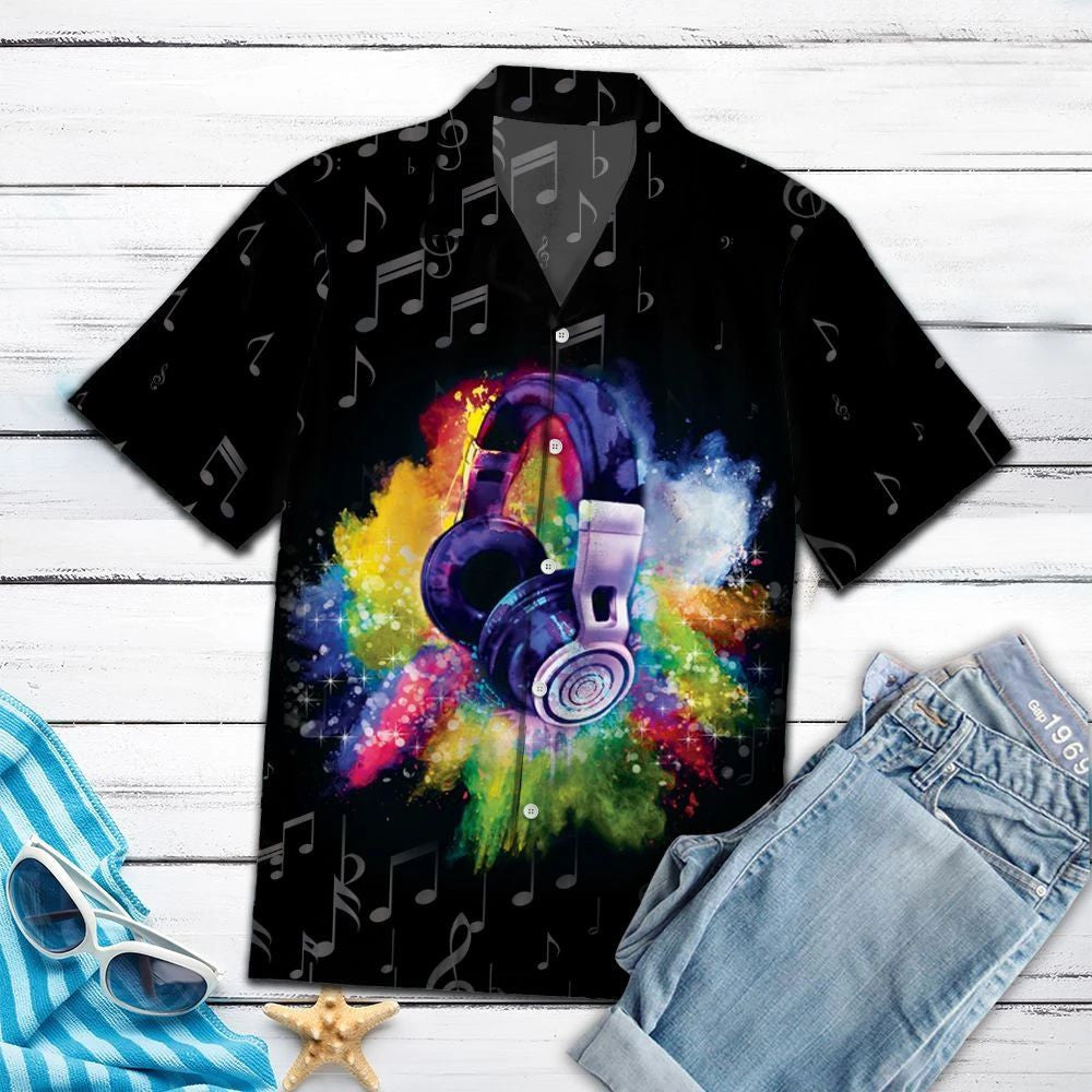 Hawaiian Shirt Graphic Headphone With Gray Musical Notes In Black, Hawaiian Shirt Gift, Christmas Gift