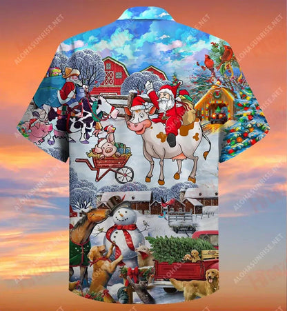 Farmer Santa Claus Riding Farm Cow Farming Christmas Short Hawaiian Shirt Ocean Short Sleeve Hawaiian Crazy Shirts Hawaiian Shirt Pattern, Hawaiian Shirt Gift, Christmas Gift