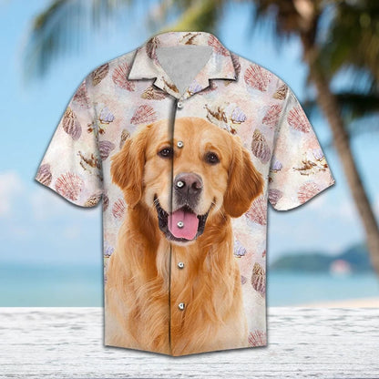 Summer Beach Seashells And Cute Golden Retriever Portrait Hawaiian Shirt, Hawaiian Shirt Gift, Christmas Gift