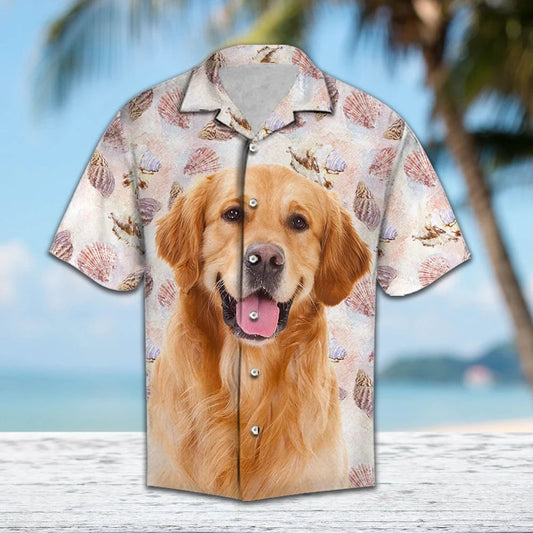 Summer Beach Seashells And Cute Golden Retriever Portrait Hawaiian Shirt, Hawaiian Shirt Gift, Christmas Gift