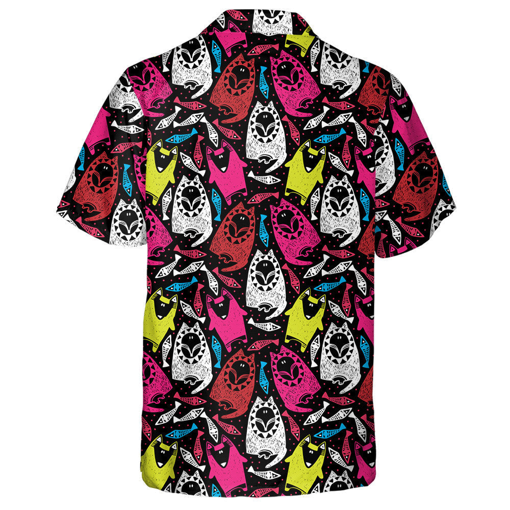 Wild Cartoon Animals Colorful Wolf And Fish On Black Hawaiian Shirt, Hawaiian Shirt Gift, Christmas Gift