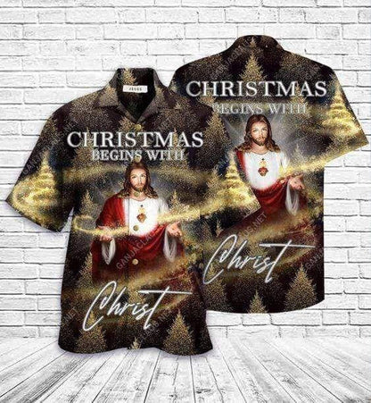 Cool Christmas Begins With Christ Design Hawaiian Shirt,Hawaiian Shirt Gift, Christmas Gift