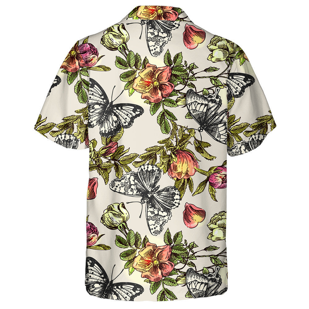 Hand Drawn Of Butterflies And Flowers Boho Style Hawaiian Shirt, Hawaiian Shirt Gift, Christmas Gift