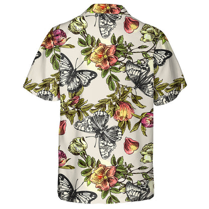 Hand Drawn Of Butterflies And Flowers Boho Style Hawaiian Shirt, Hawaiian Shirt Gift, Christmas Gift