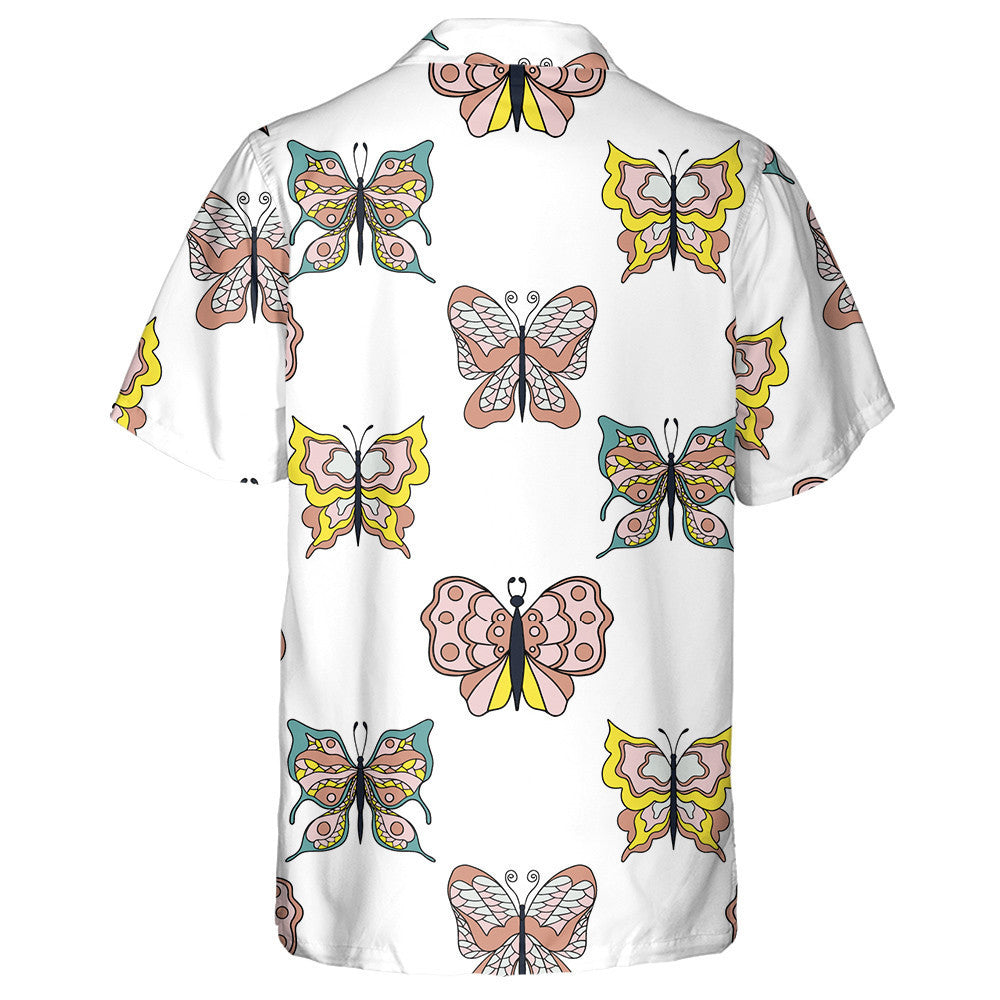 Hand Drawn Collection Of Cartoon Butterflies Hawaiian Shirt, Hawaiian For Gift